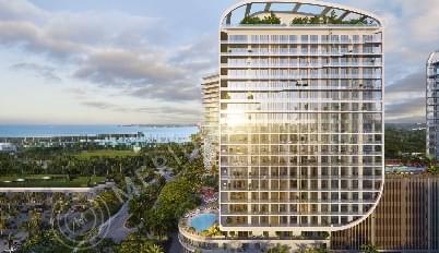 Glass and metal building with curved square decoration